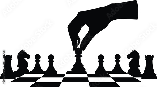 A hand moves a chess piece on a chessboard, in a black and white silhouette.