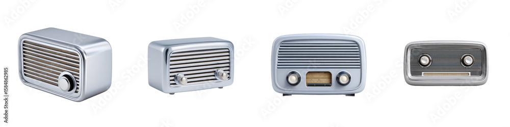 Fototapeta premium Four vintage radios with silver chrome finish and retro design on transparent background
