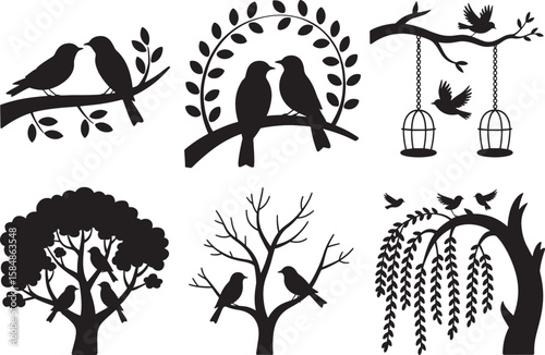 Diverse Silhouetted Bird and Tree Illustrations for Creative Projects, Elegant Vector Art: Black Birds & Trees for Graphic Designs
