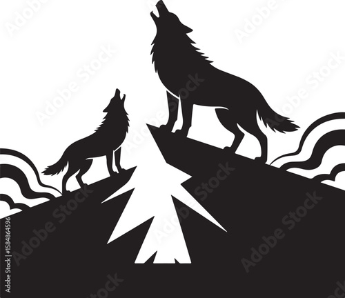 Two wolves howling on rocky outcrops wolf animal