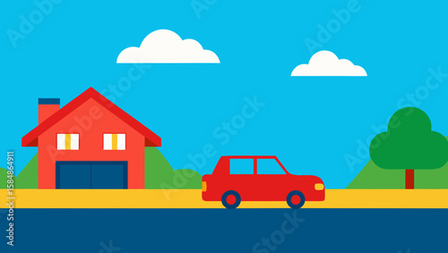 driveway scene red car suburban house background