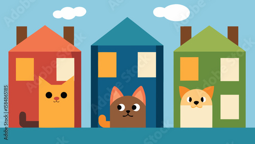 pets peeking from windows of suburban homes