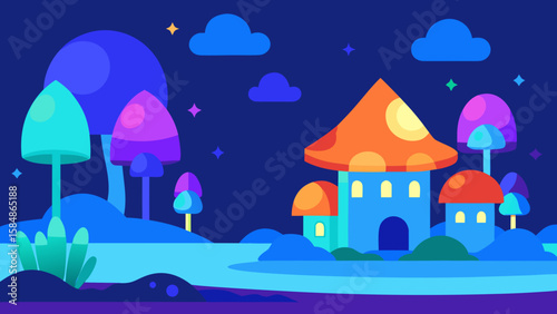 fairy tale village beside magical lake cartoon