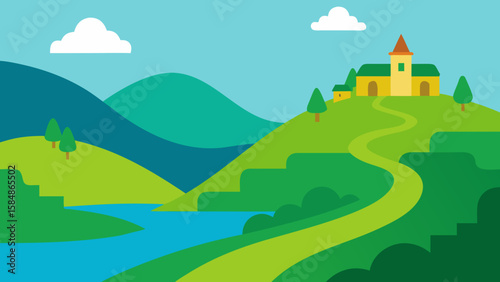 hilltop village winding lake green view