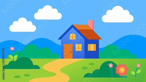 flower field blue house idyllic cartoon