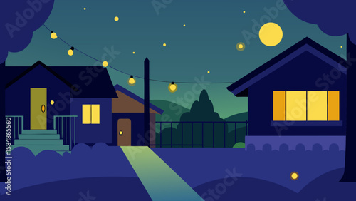 cartoon neighborhood fireflies porch lights