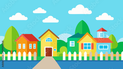 cartoon suburb colorful rooftops illustration