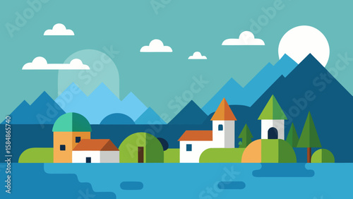 minimalist cartoon lake village trees