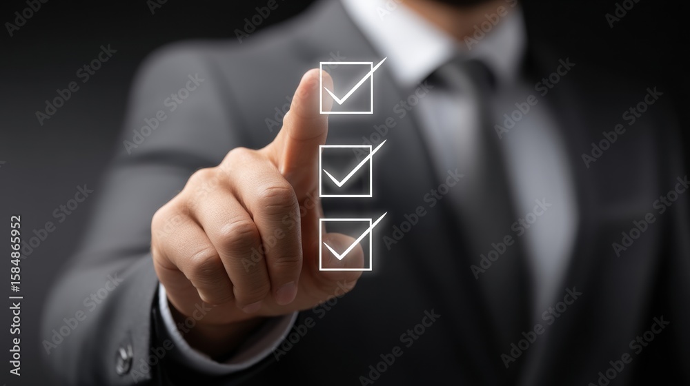 © Image4u - Man in suit pointing at checklist with three checked boxes © Image4u - Man in suit pointing at checklist with three checked boxes