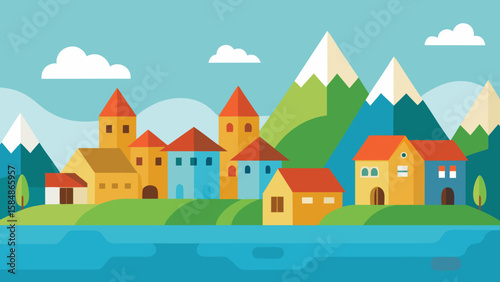 storybook village lake colorful rooftops