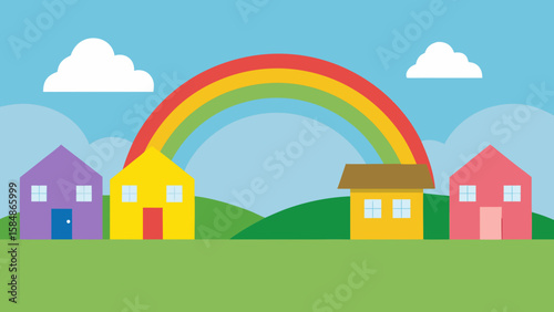 suburban cartoon houses rainbow clear sky