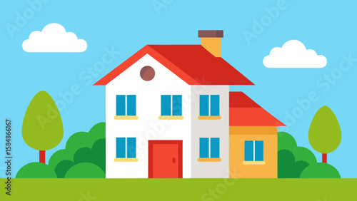 two story cartoon house red roof shrubs
