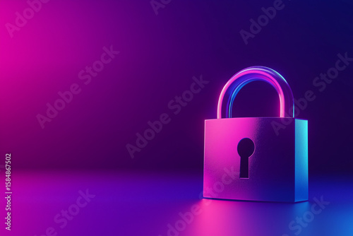 Cyber security concept with a padlock on violet background. 3d padlock against a vibrant purple background, symbolizing security and protection for data or personal information