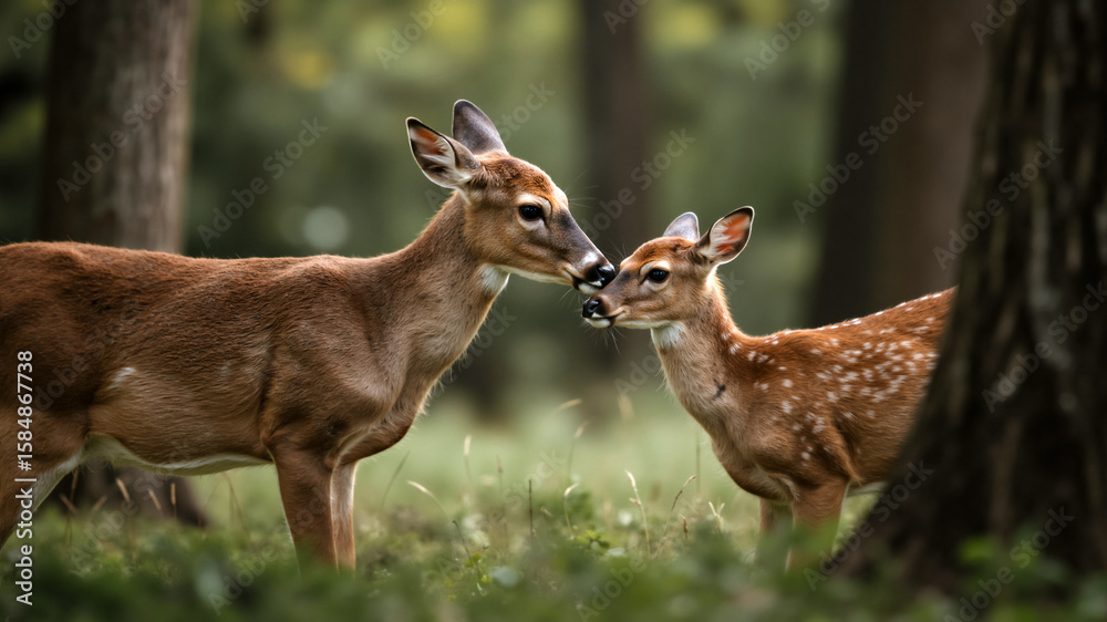 Fototapeta premium Two deer nuzzling in a forest setting. Close-up of two white-tailed deer interacting gently in woodland environment.