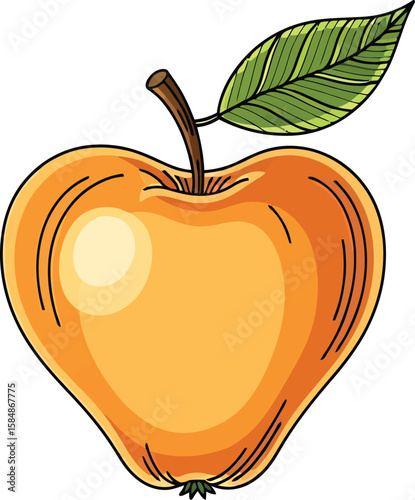 A vibrant, hand-drawn illustration of a ripe, golden apple with a single leaf.