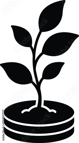 Silhouette of a small plant growing from a stack of coins, symbolizing financial growth.