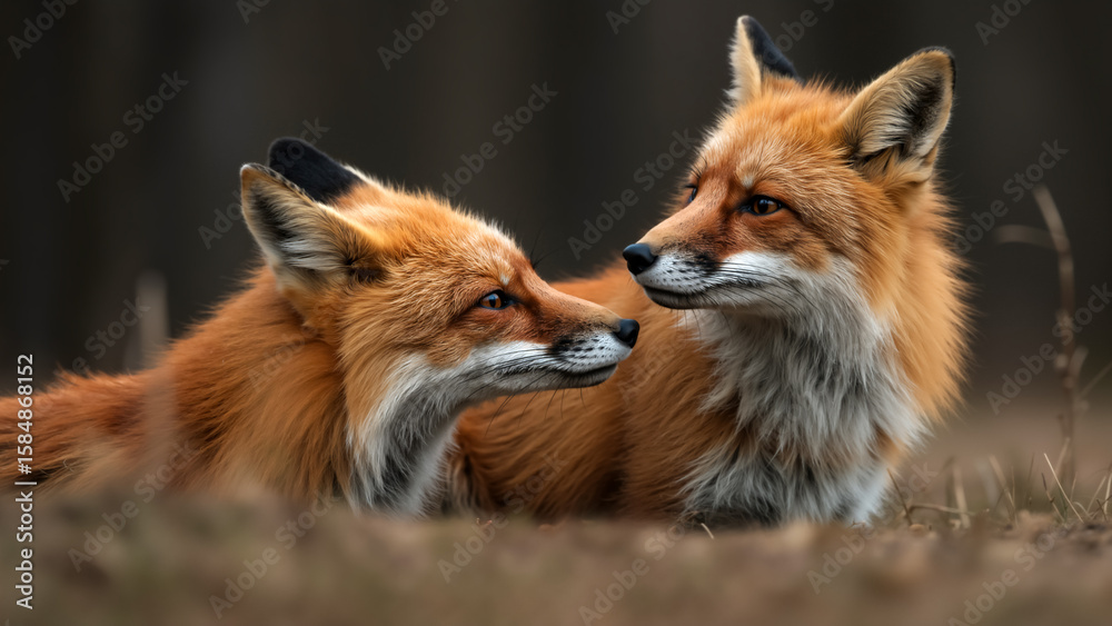 Fototapeta premium Close-up portrait of two foxes interacting outdoors. Two red foxes looking at each other.