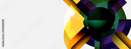 Abstract design features colorful circular segments. Yellow, purple, green hues create dynamic visual impact. Modern, minimalist aesthetic.