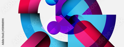 Abstract composition featuring overlapping colorful shapes. Vivid blues, purples, pinks create dynamic visual effect. Modern design.