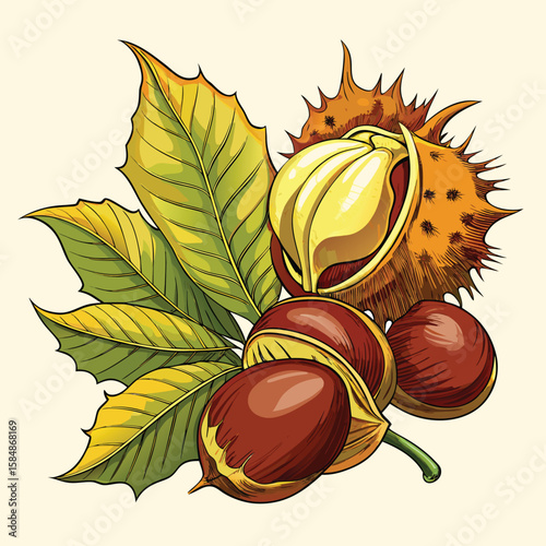 Autumn chestnuts with brown leaves and shells isolated for the fall season