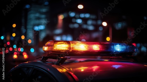 Police action at night in urban environment emergency response cityscape focused viewpoint