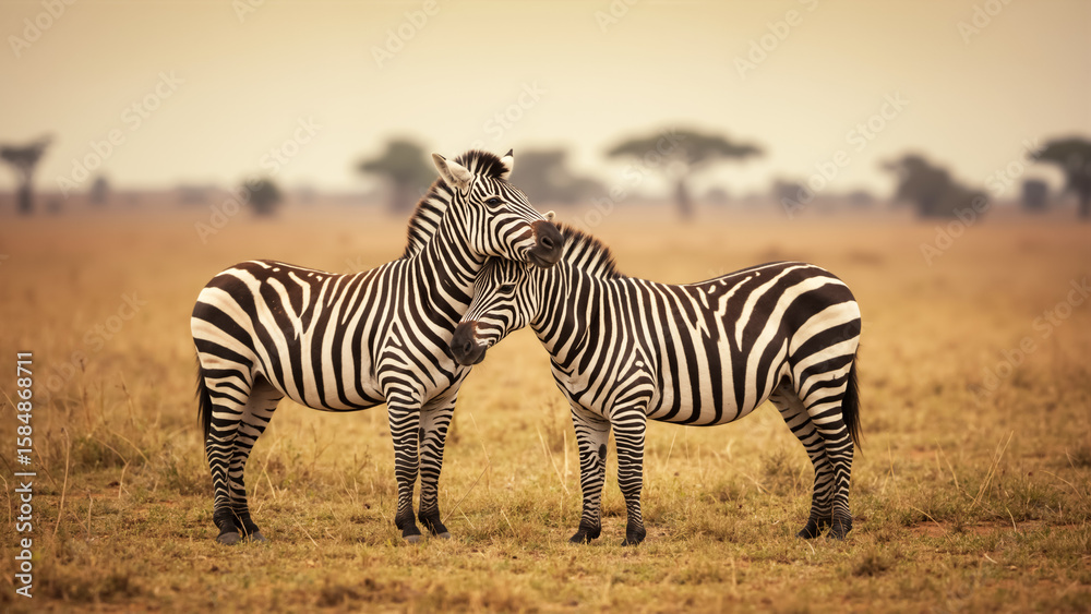 Two zebras nuzzling in a grassy savanna landscape. Two zebras nuzzling in a grassy savanna landscape.