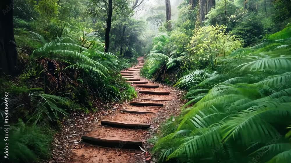 Exploring the serene trekking path through tropical jungles surrounded by lush greenery, Trekking forest trail path way through tropical jungle in Tasmania Australia