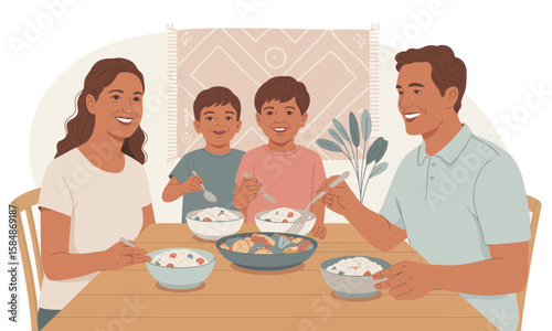 Happy Family Mealtime Together: Illustration of a Diverse Family Sharing a Meal at the Table