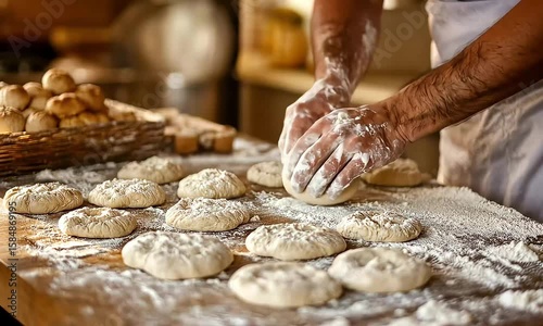Crafting Deliciousness: A Baker's Touch Shaping Fresh Dough in a Cozy Bakery