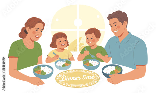 Family Dinner Time: Illustration of a Happy Family Meal