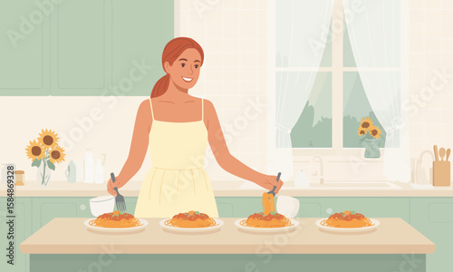 Woman Preparing Pasta Dishes in Kitchen, Vector Illustration