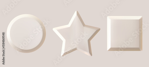 Round square star frame 3d embossed shapes. Photo frame beige set, vector mock up. 3d isolated modern neumorphic button layout template. Realistic shadow render podium top view. Pastel relief platform