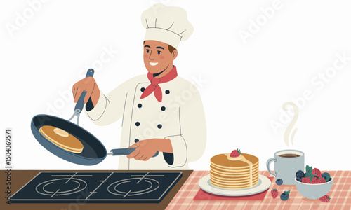 Pancake Chef: Breakfast Preparation Illustration