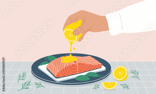 Salmon Dish Preparation: Squeezing Lemon Juice