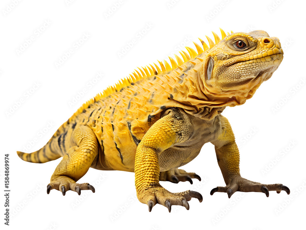 Obraz premium Vibrant yellow iguana with striped black patterns sitting calmly isolated on transparent background