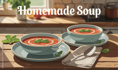 Rustic Charm: Two Bowls of Homemade Soup with Fresh Basil