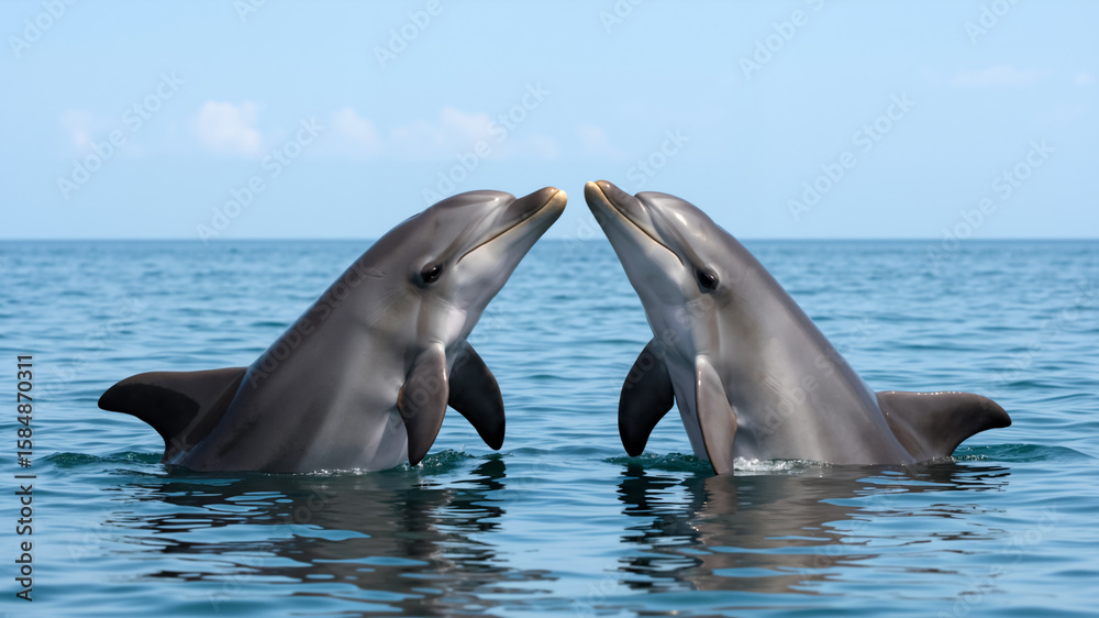 Naklejka premium Two dolphins interacting in the ocean. Close up of two bottlenose dolphins facing each other in clear blue water.