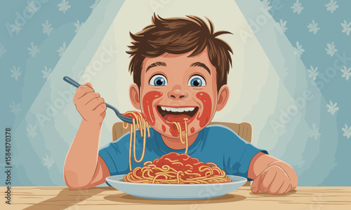 Boy Covered in Spaghetti Sauce - Playful Mealtime Mischief