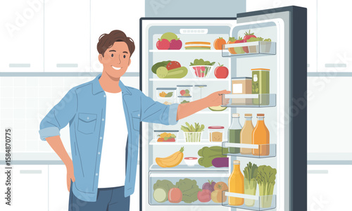 Man Reaching into a Well-Stocked Refrigerator