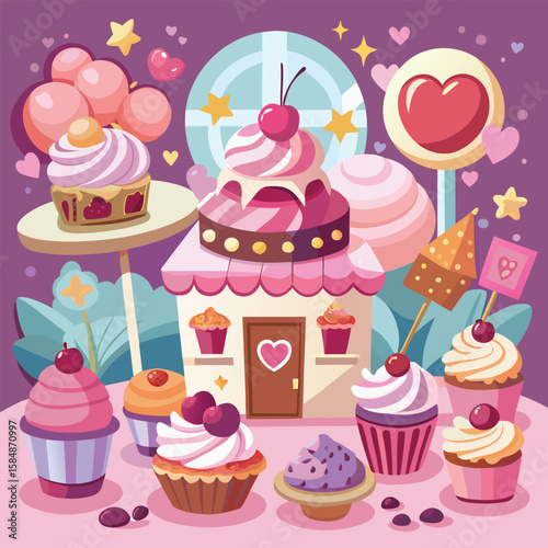 Sweet birthday dessert pattern with cute vector cupcake and cake illustrations