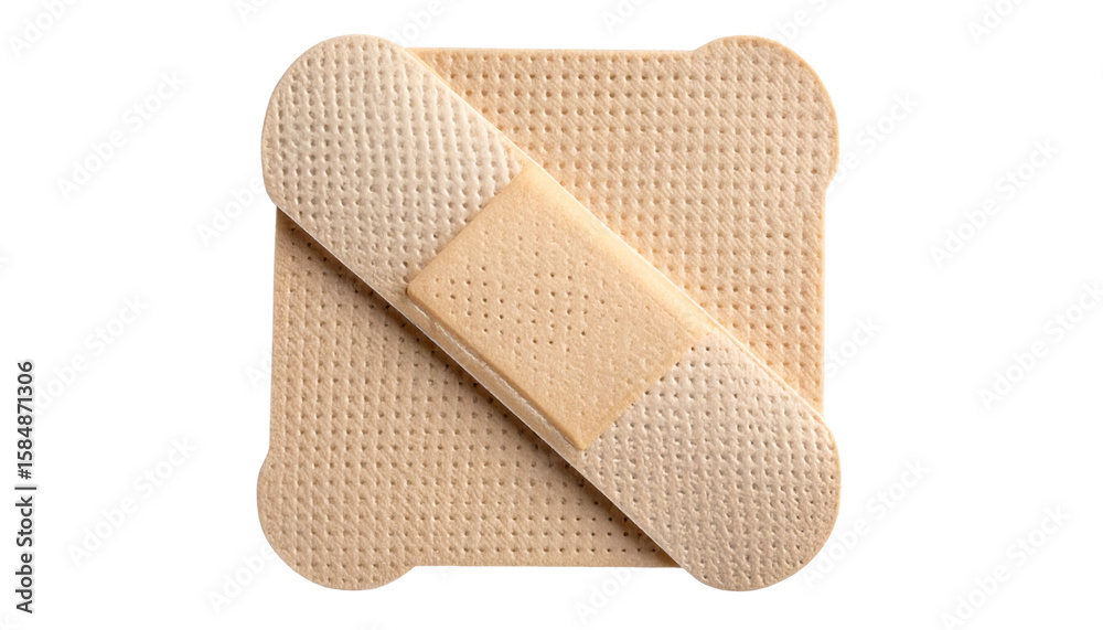 Closeup view of a single square adhesive bandage perfect for medical supplies healthcare websites or first aid product packaging design isolated on transparent background Closeup view of a single square adhesive bandage perfect for medical supplies healthcare websites or first aid product packaging design isolated on transparent background