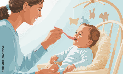 Mother Feeding Baby in High Chair Illustration