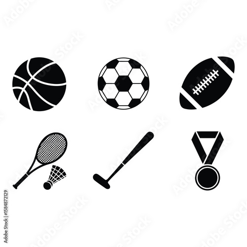 Collection of sports equipment and medal icons silhouette isolated on white background