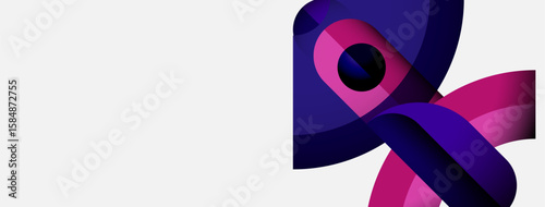 Abstract design features flowing purple, pink shapes. Minimalist composition with dark background, bright accents. Modern, dynamic visual element.