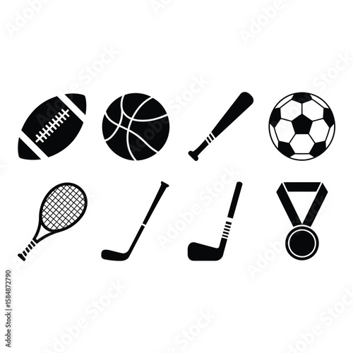 Collection of sports equipment and medal silhouette isolated on white background