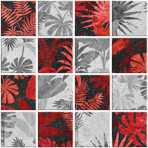Leaf Variety of types. Seamless mosaic square
pattern with tropical leaves blackground used for decorative design.	
