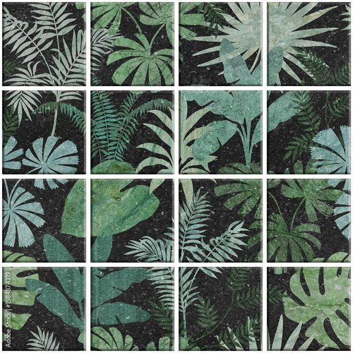 Leaf Variety of types. Seamless mosaic square
pattern with tropical leaves blackground used for decorative design.	
