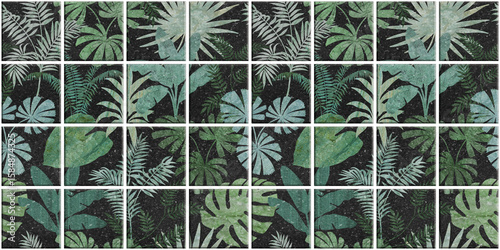 Leaf Variety of types. Seamless mosaic square
pattern with tropical leaves blackground used for decorative design.	
