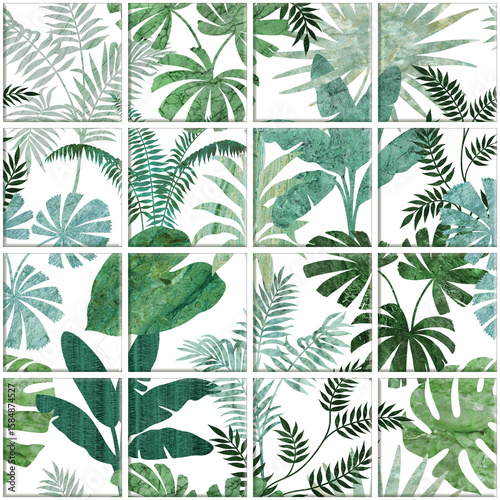 Leaf Variety of types. Seamless mosaic square
pattern with tropical leaves blackground used for decorative design.	
