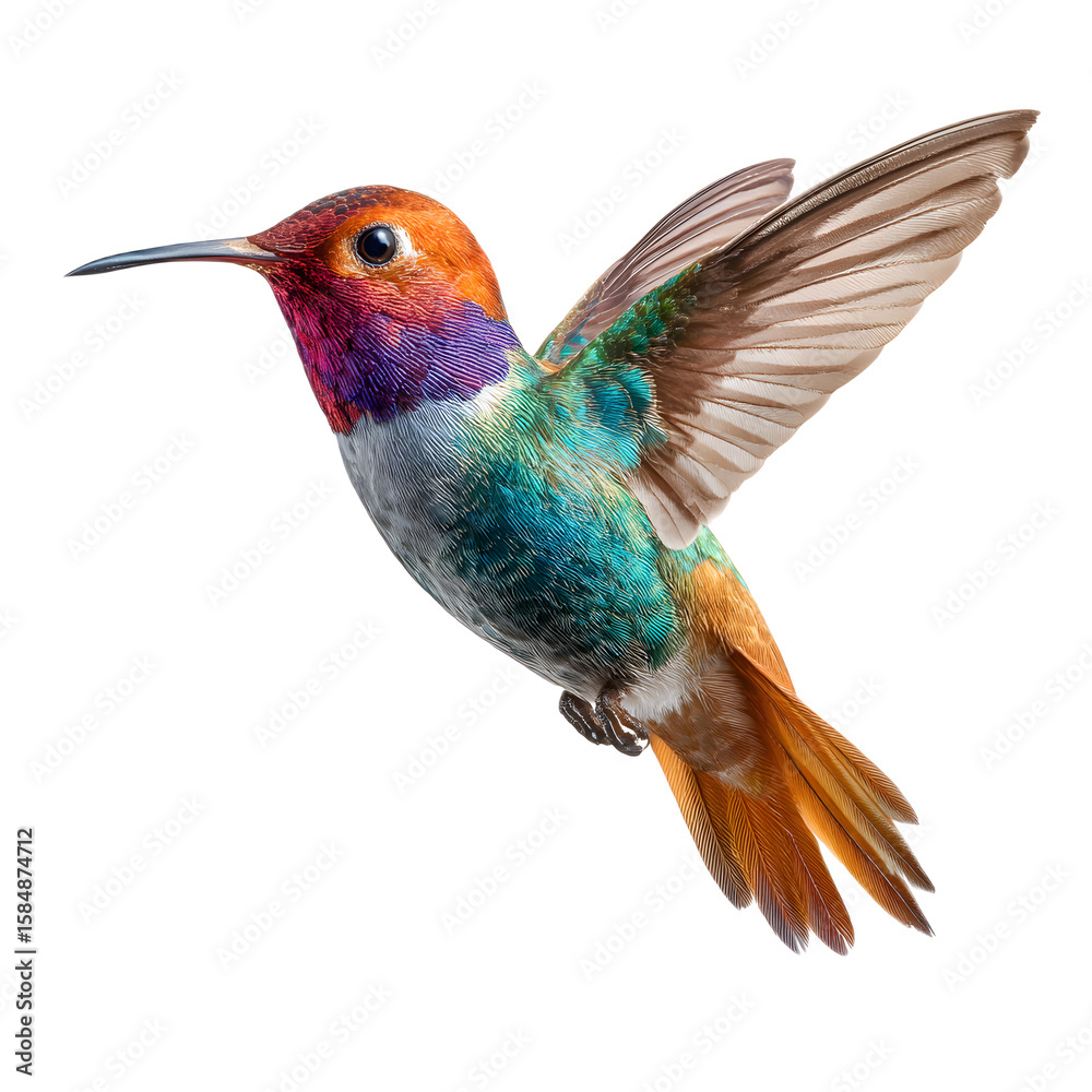 Fototapeta premium A captivating image of a colorful hummingbird gracefully hovering in mid air its iridescent feathers shimmering as it flaps its delicate wings showcasing the beauty and wonder of nature